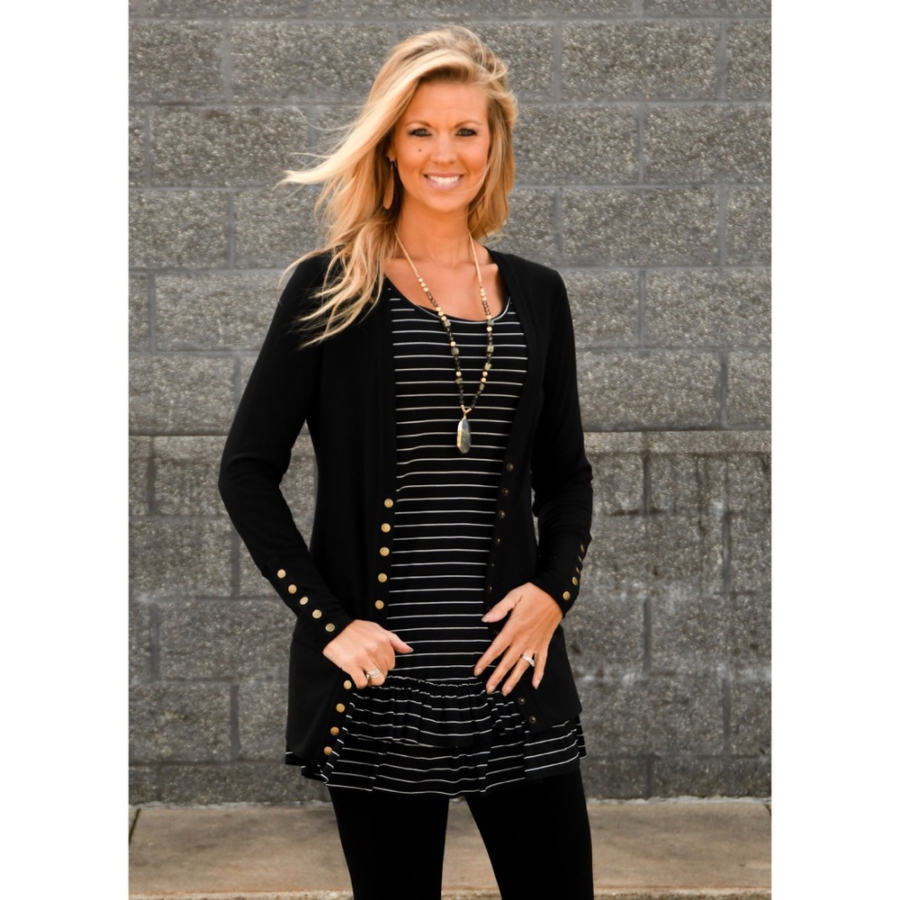 Black Stripe Long-Line Ruffle Hem Tank Top Tunic